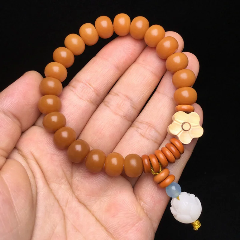Weathered Apple Single-Loop for Men and Women, Yellow Bodhi Root Barrel Bead with Plum Blossom Bracelet