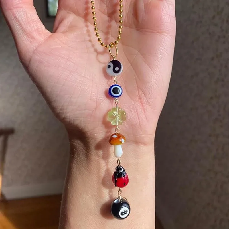 Evil Eye Keychain Hanging Ornament Good Lucky Days Charm 8 Ball Mushroom Leaf Pendant for Car Rear View Mirror Jewelry Gifts