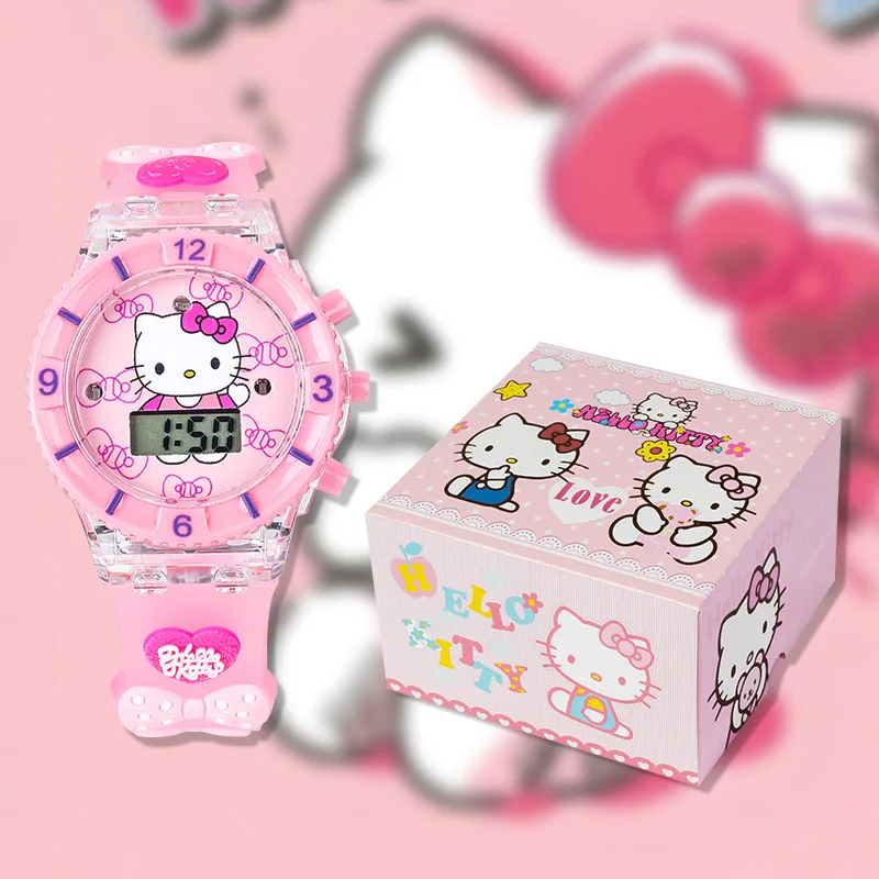 

Новые детские часы Hello Kitty с коробкой Kuromi Unicorn, детские часы для девочек со светом, музыкальные аниме-фигурки, модель игрушки, подарок
