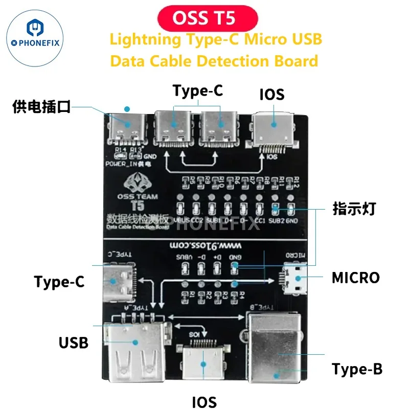 OSS T5 ON-OFF Data Cable Detection Board Fast Detect Abnormal Data Line For Lightning/Type-C/Micro/USB Data Switching Test Board