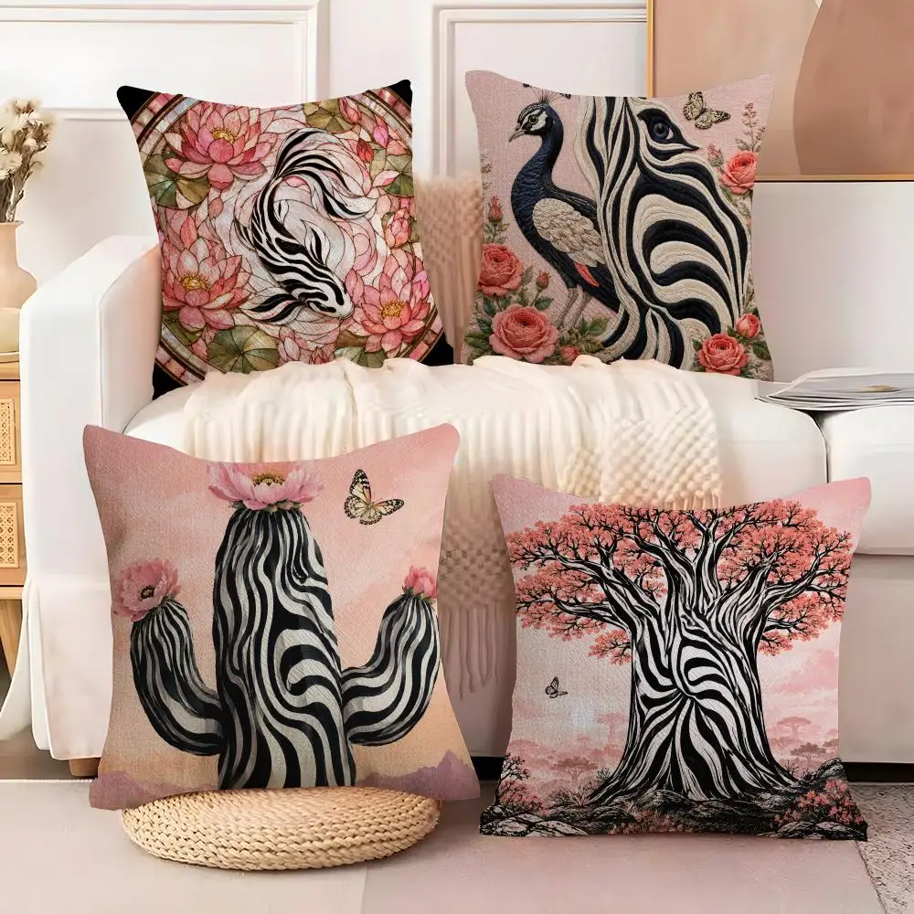 Pink Zebra Floral Decor Cushion Cover  Plush Fabric Soft Double Sided Print Sofa Cushion Cover Throw Pillow Covers