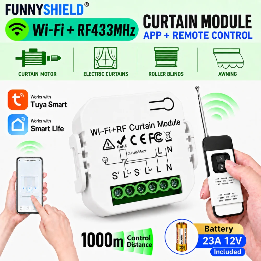 FUNNYSHIELD WIFI Tuya Relay Receiver Switch AC 110V 220V 433Mhz RF Wireless Remote Control 1000M Distance for Home Led Lamp Fan