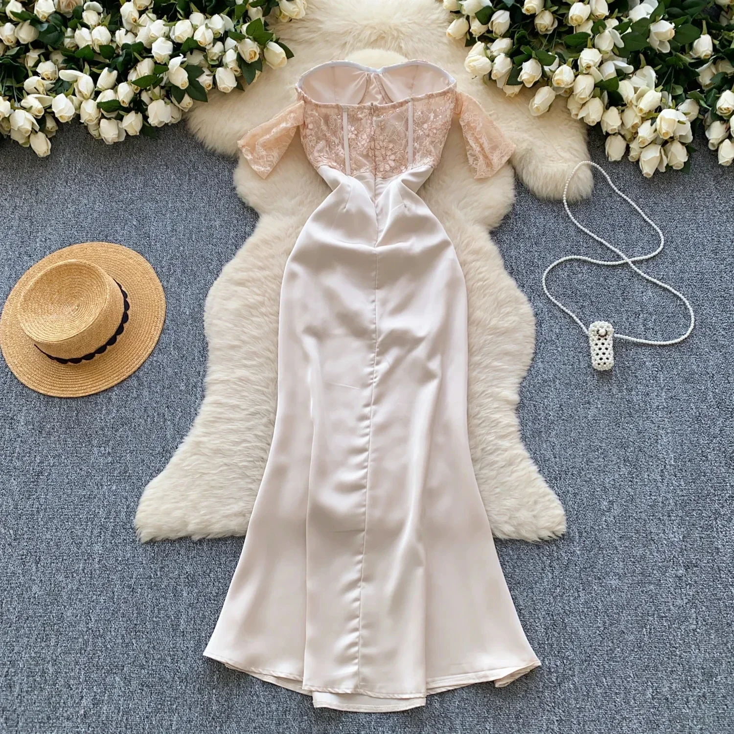 Satin Patchwork Elegant Trumpet Dress Women Off The Shoulder Vintage Clothing Lady Birthday Party Chic Vestidos Bodycon