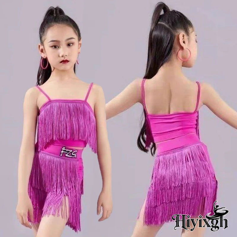 2026 Girls Dance Outfits Sequin Tassel Latin Dance Cha Cha Dress Kids Tango Skirt Carnival Wear Dance Wear Latin Salsa Dress