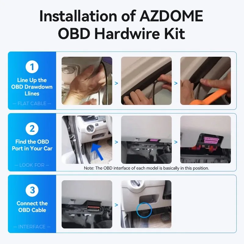 AZDOME Dash Cam 24 Hours Mini/Mico/Type-C USB OBD2 Hardwire Kit 12V-24V to 5V2.5A Low Vol Protection Power Cable Video Recorder