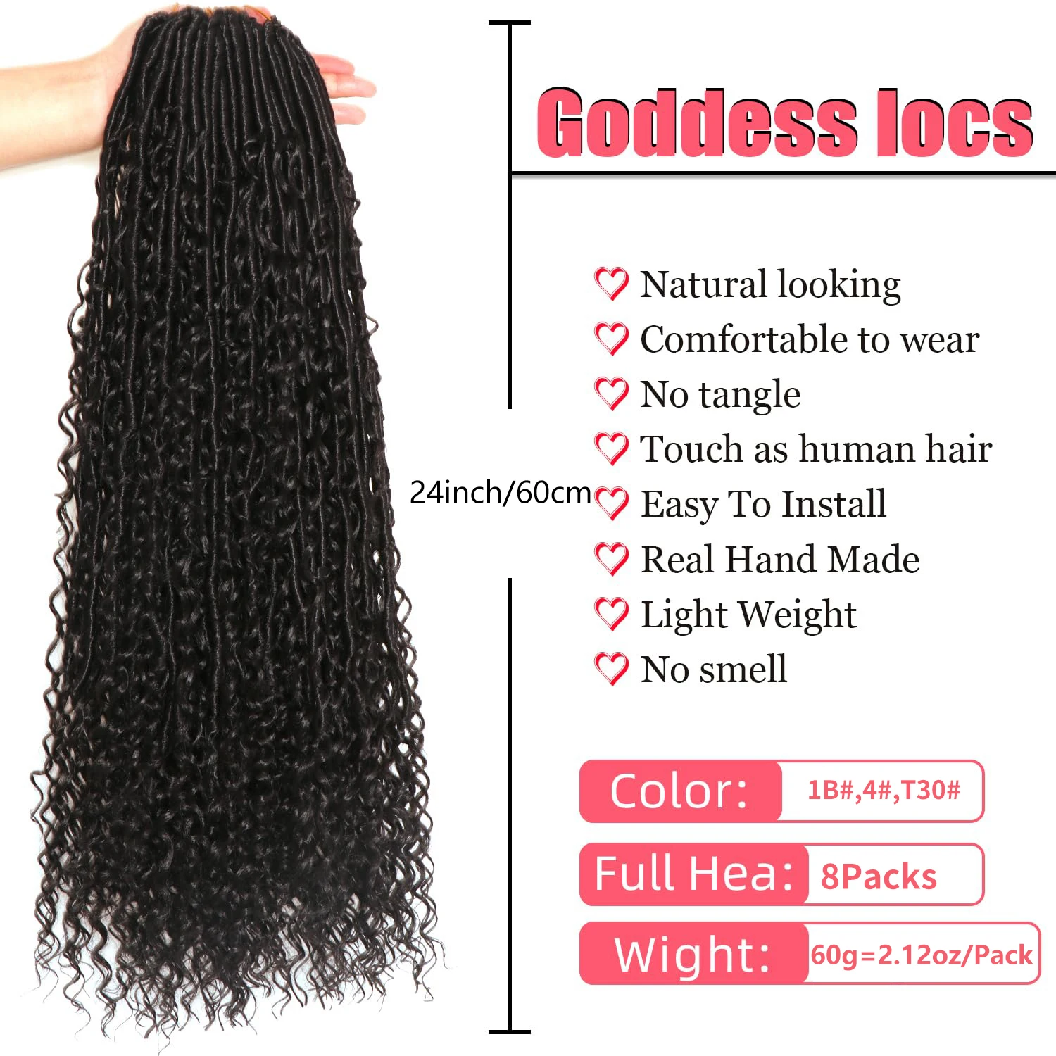 보헤미안 스타일의 인조 땋은 머리, 8팩, 부드러운 곱슬머리 끝, 합성 프리루프드 롱 보헤미안 크로셰 헤어