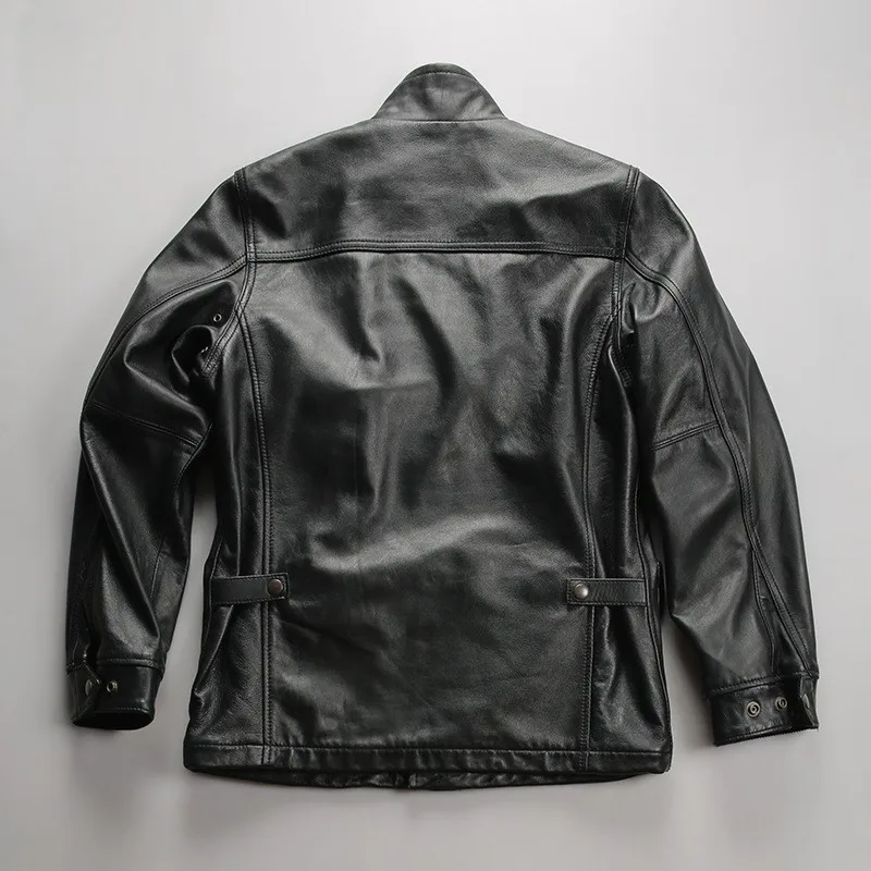 Men's leather with a stand-up collar and multiple pockets