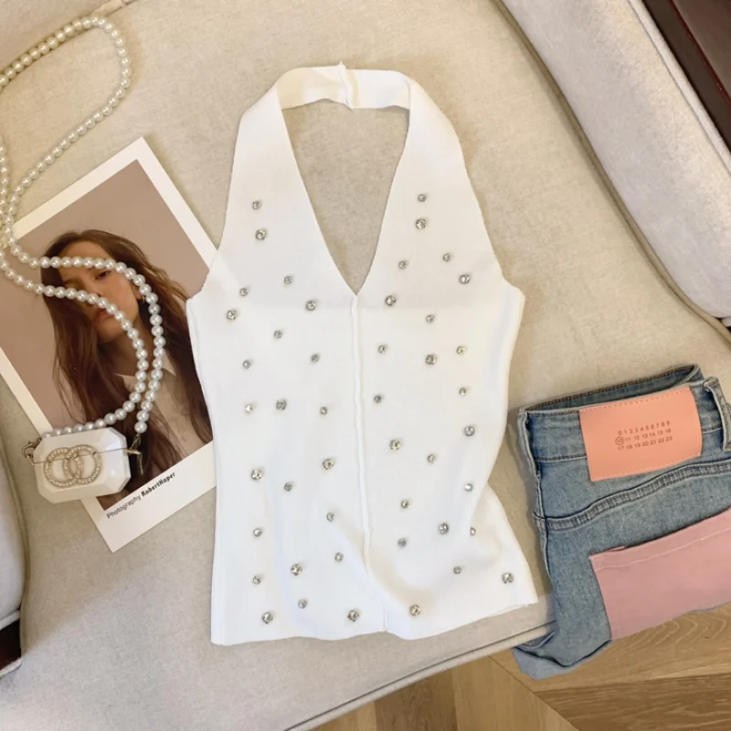 2024 New White Rhinestone Knitted Tank Top Casual Halter Neck Sleeveless Tank Top For Summer  Women's Clothing Crop Top Camis