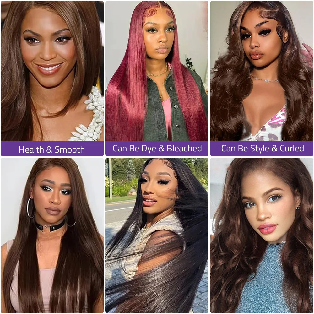 باروكة دانتيل مستقيمة على شكل عظمة بنية الشوكولاتة (13 × 4 و13 × 6 عالي الدقة بدانتيل أمامي شفاف)، باروكة شعر بشري برازيلية مقاس 36 بوصة للنساء.