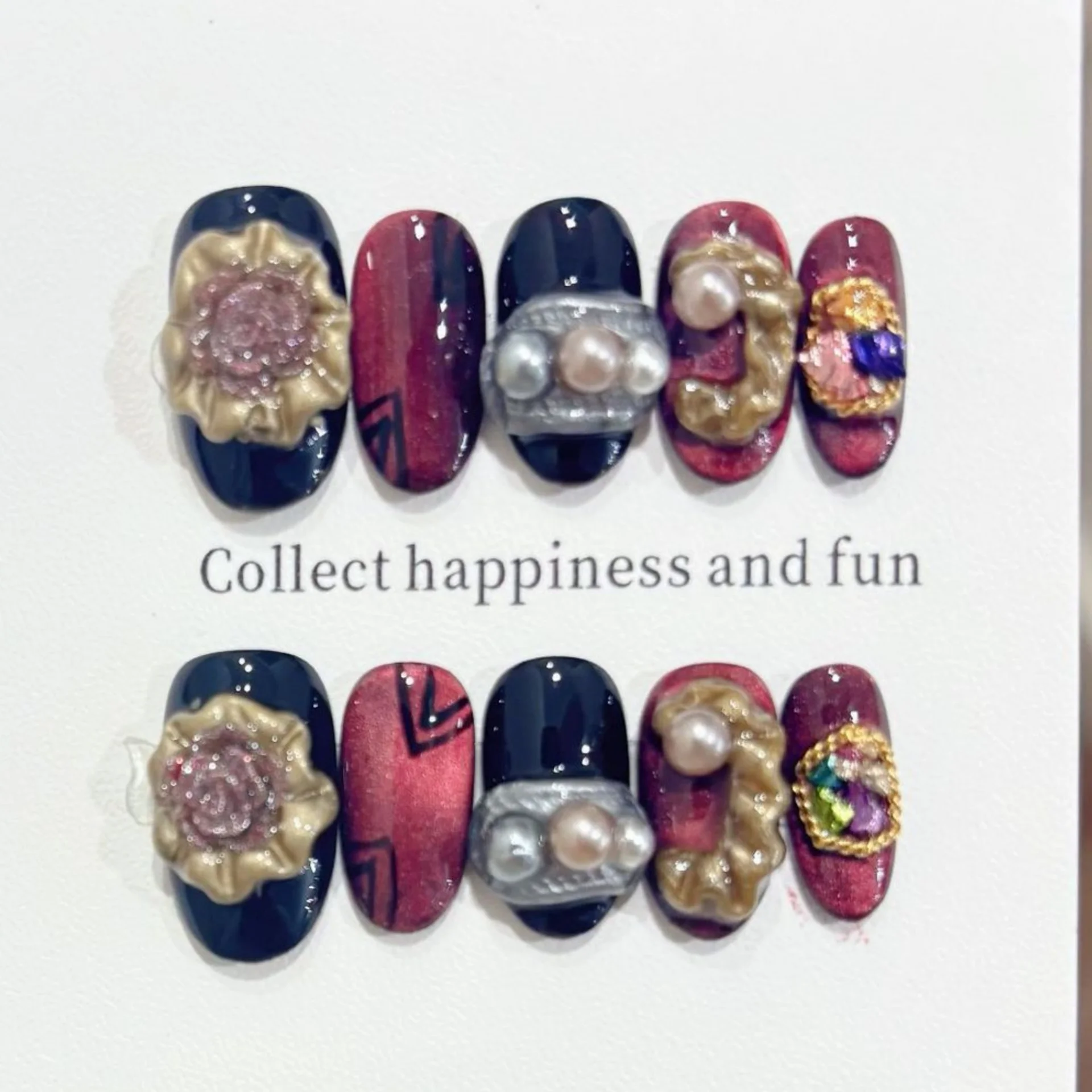 

10pcs Simple Handmade Nails Tips 3D Flower Pearl Stick on False Nail Tips Black Red Oval Fake Nail Art Diamond Press on Nails