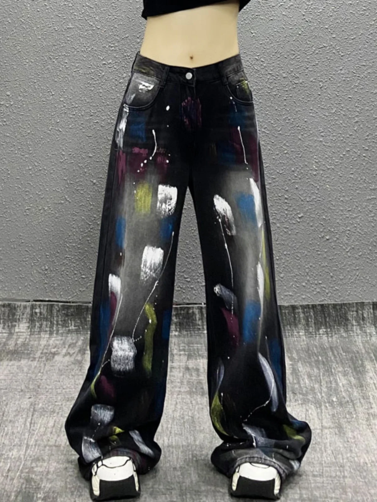 High Waist Wide Leg Casual Denim Pants Women's Spring New Style Loose Slimming Versatile Long Trousers  Painted Patch...
