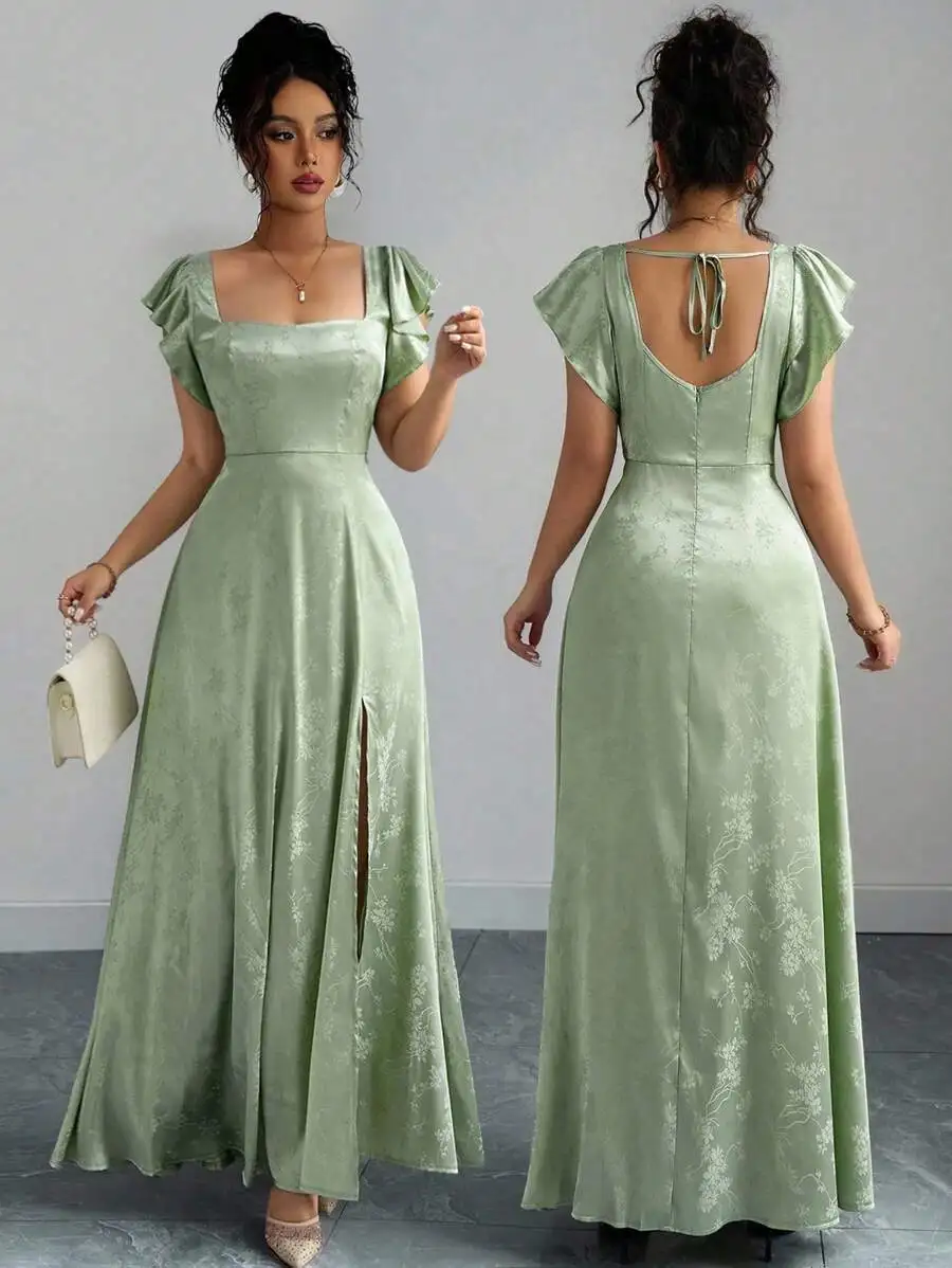 

Mint Green Jacquard Long Dress with Square Neck, Ruffle Sleeves, Back Tie & Front Slit