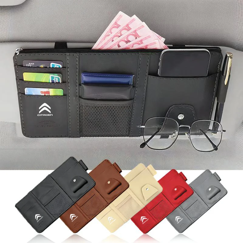 

Car Sun Visor Storage Bag PU Leather Multi-Pocket Car Glasses Clip Card Holder Storage Pocket for Citroen C4 C3-XR C5 Aircross