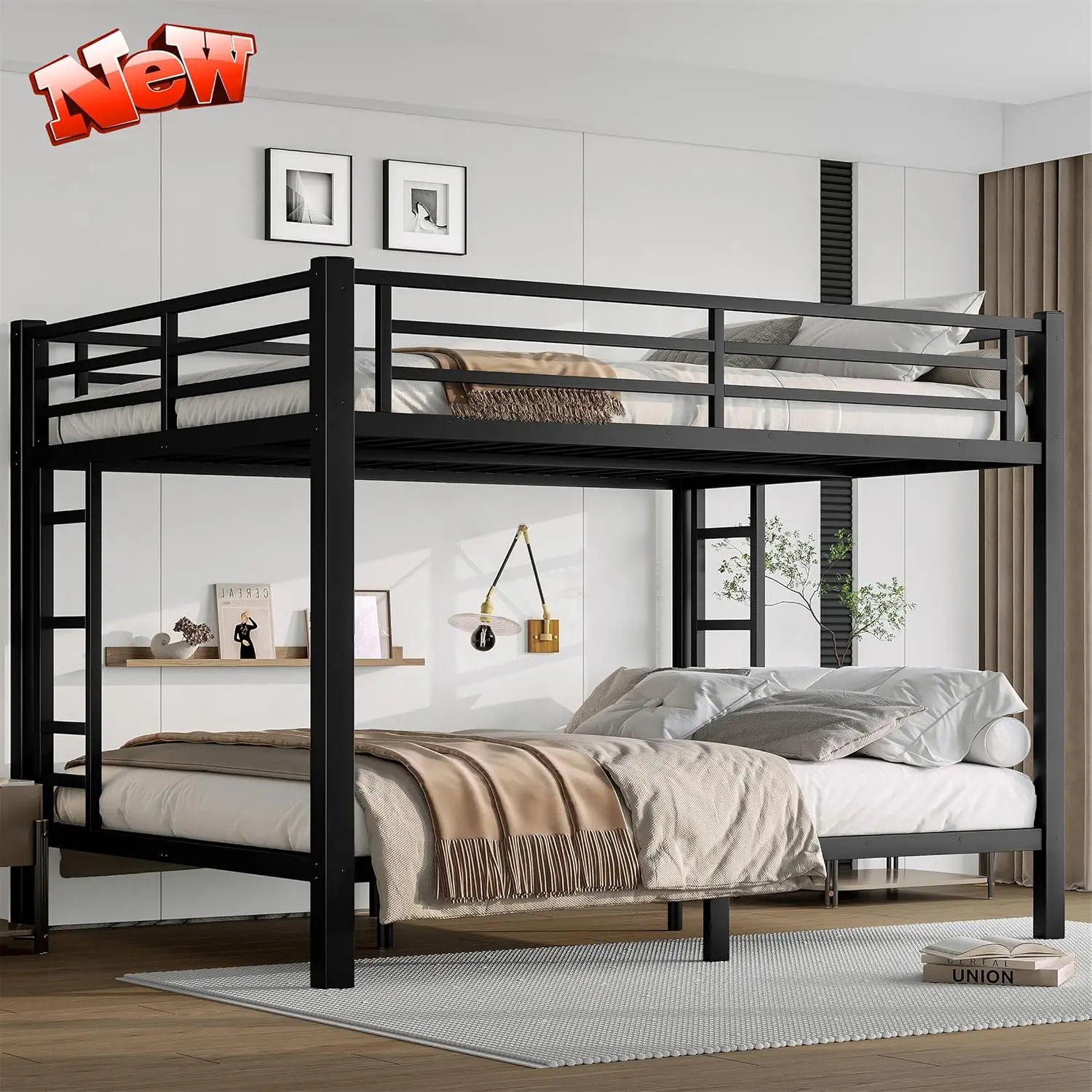 Upgraded Heavy Duty Metal Queen Bunk Bed, Stronger Queen Over Queen Frame With Ladder For Adults, Easy Assemble, Customized