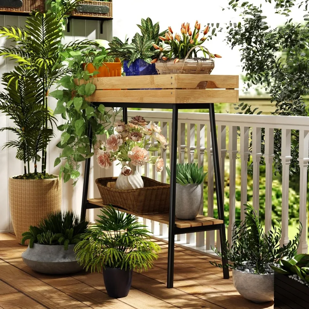 BAMBANG-Support de plante en bambou pour intérieur, table de plantes hautes en bois à 2 niveaux, étagère à plantes de rebord de fenêtre, support à fleurs