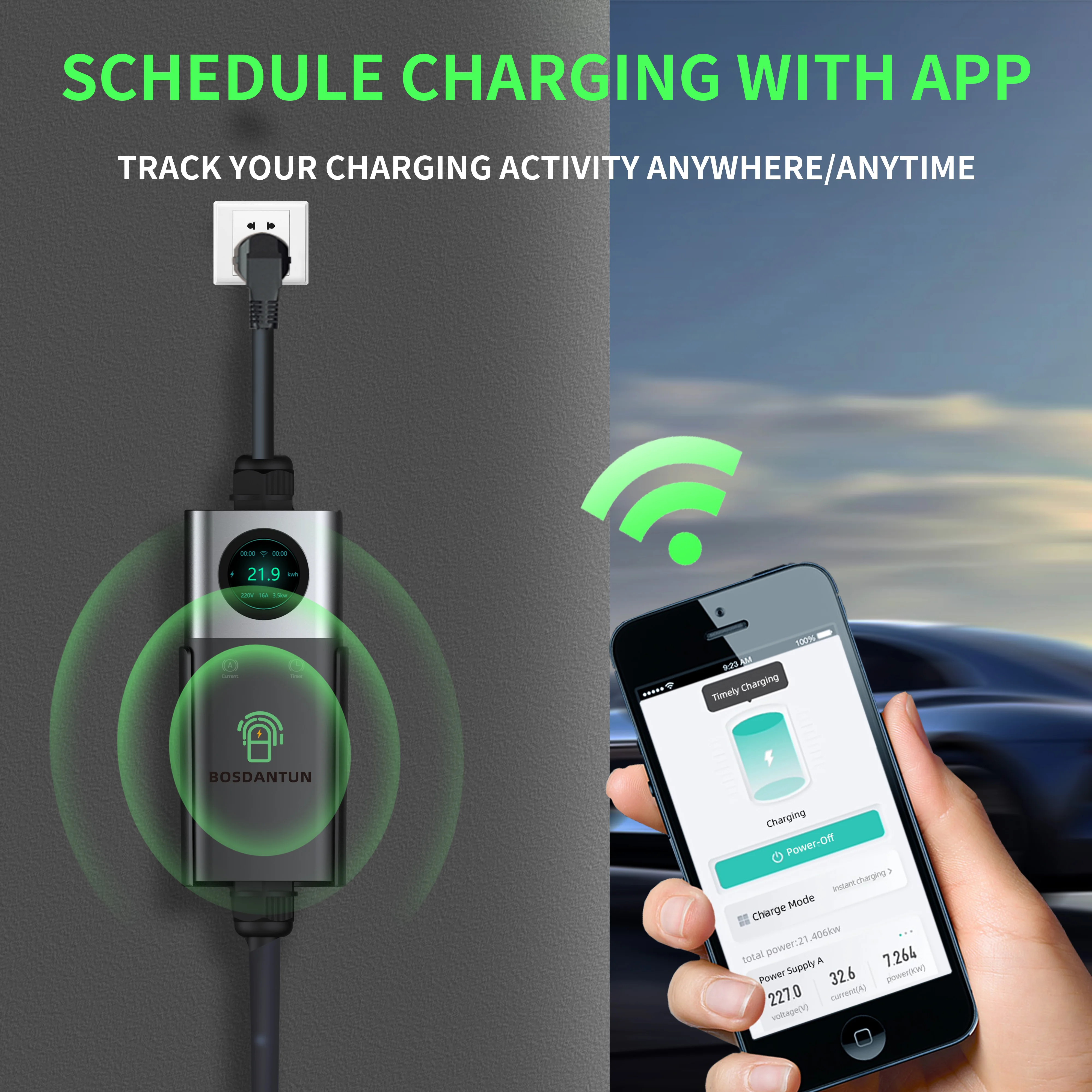 BOSDANTUN 7kw/22kw Type2 Portable ev charger Electric Car Charger16A/32A 1&3Phase 5M cable Wallbox Charging Station with app