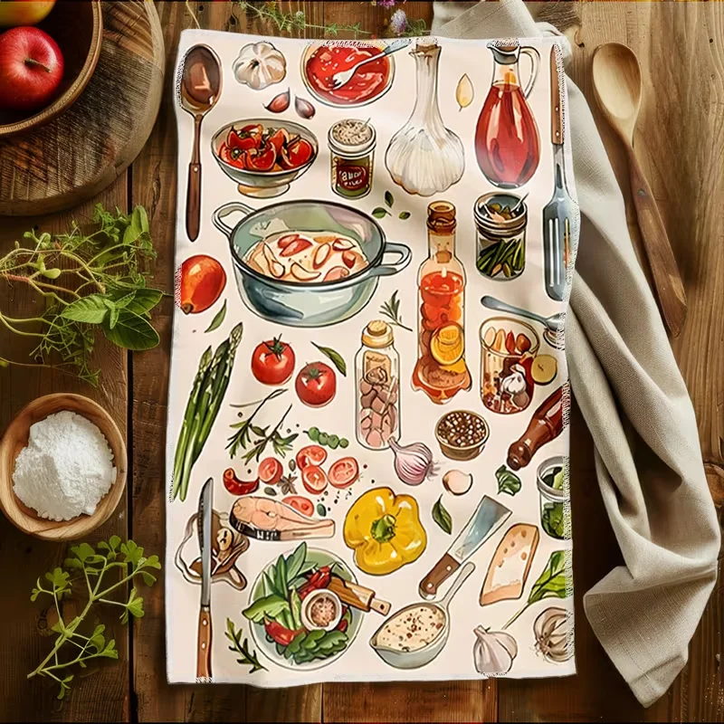 2-Pack Microfiber Kitchen Towels and Dishcloths with Food Watercolor Prints (Fruit/Vegetable Designs) Suitable for Cooking, Baking, Camping, Travel, Ramadan, Valentine's Day, Ideal Gifts—Durable Dishcloths