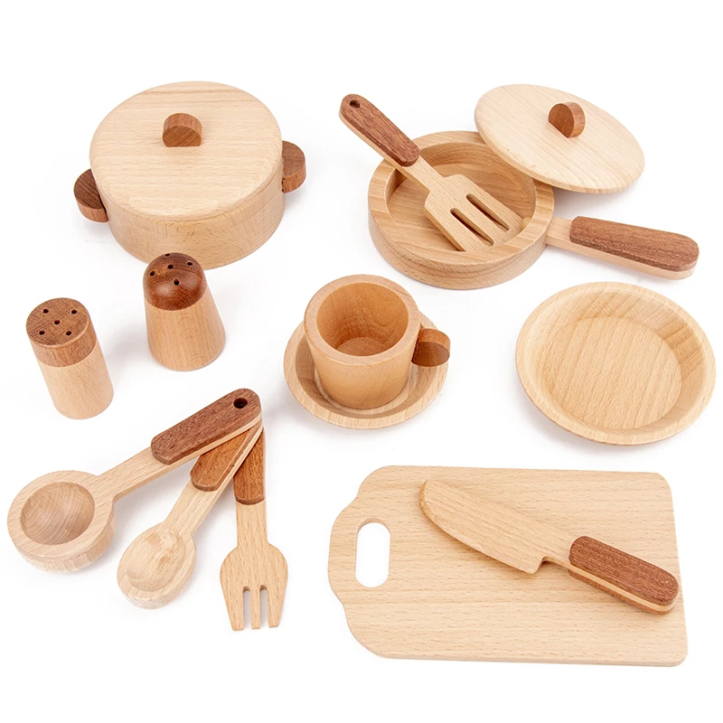 

High quality educational toys for kids Play house toys Wooden simulation kitchen tableware game cognitive set toys Child