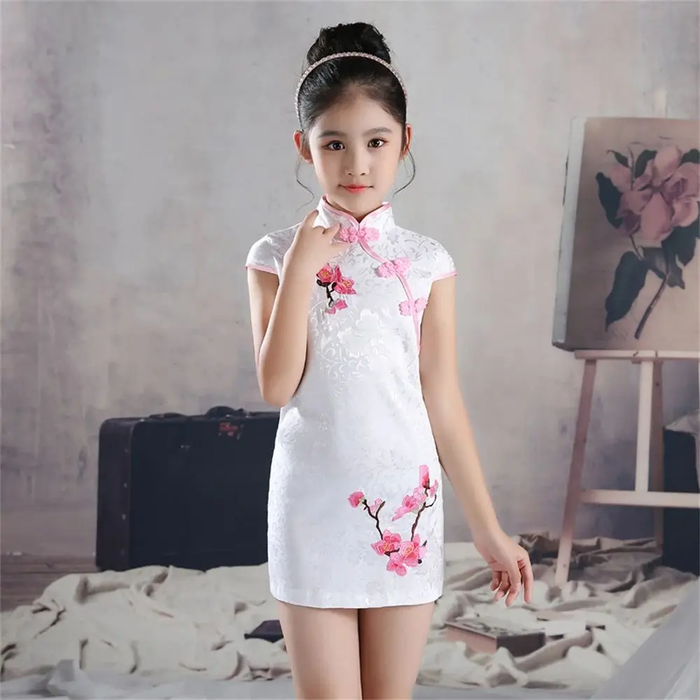 Weißes Mädchen Blumen stickerei Cheong sam Sommer chinesisches traditionelles Kleid Kinder Bühnen leistung Qipao Vestidos Hochzeits feier Kleid