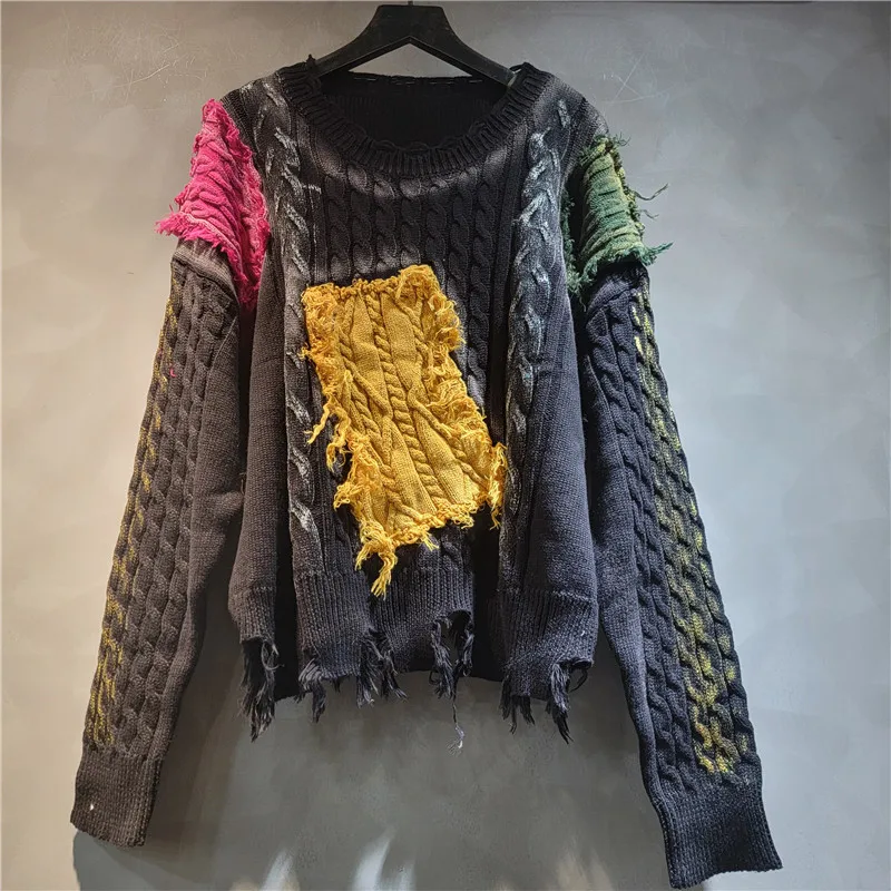 

Vintage Black Irregular Color Block Long Sleeve Sweater for Women, Autumn New Lazy Style Cable Knit Top, Pullover Jumpers