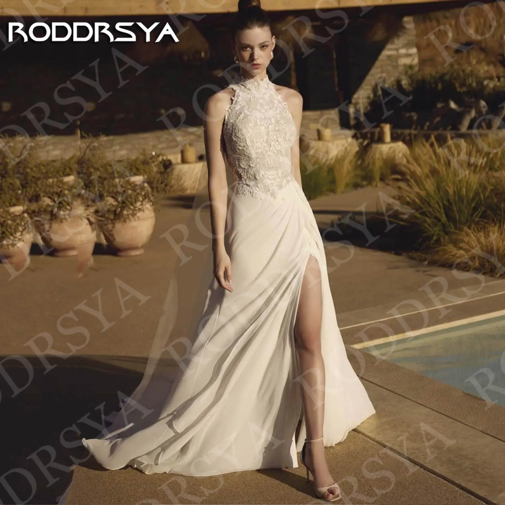 

RODDRSYA Beach Wedding Dress Mermaid Slit Romantic Sleeveless Illusion Back Appliques Bridal Dresses Customized robe de mariée
