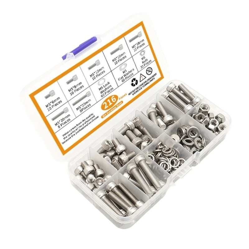

216Pcs Hexagon Socket Screw Stainless Steel Flat Round Caps Head Screws Bolts and Assortment Set With Storage Box