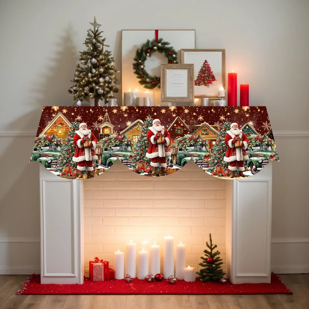 1 Piece Christmas Snow Scene Themed Fireplace Scarf with Santa Claus and Truck Gift Pattern, Perfect for Holiday Home Decoration