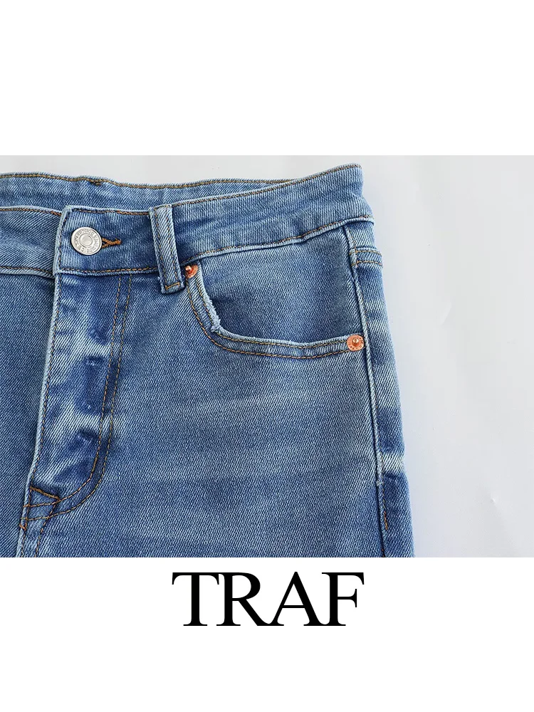 TRAF 2023 New Women Fashion Retro Solid Simple Middle-waisted Flare Denim Trousers With Zipper High Street Female Causal Jeans