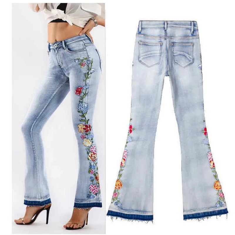 Flare Jeans 3D Embroidery Flower Women Jeans Skinny Denim Pants Women's Clothing EUR Size 34-46