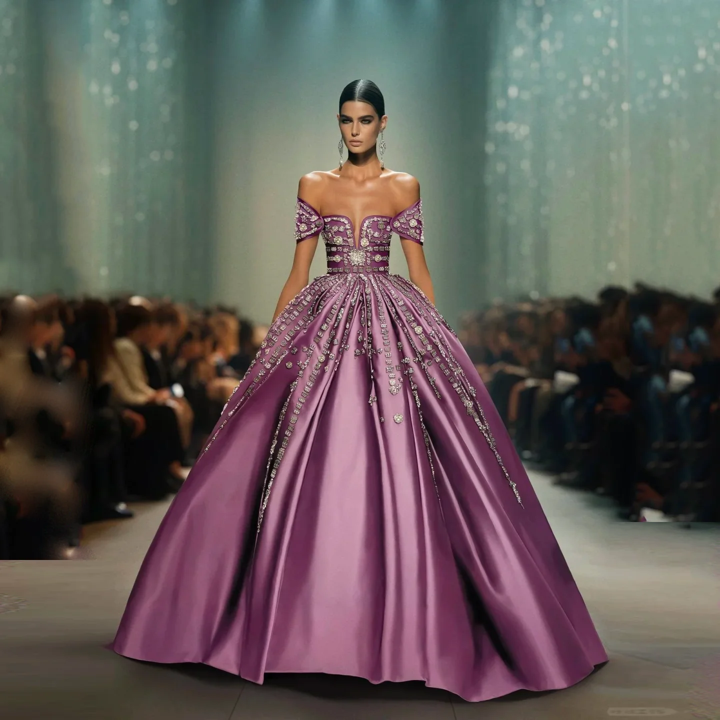 Dubai Violet Party Dresses Crystals Sweetheart Off Shoulder Layered Beading Prom Gowns Formal Dress Applique Long Draped