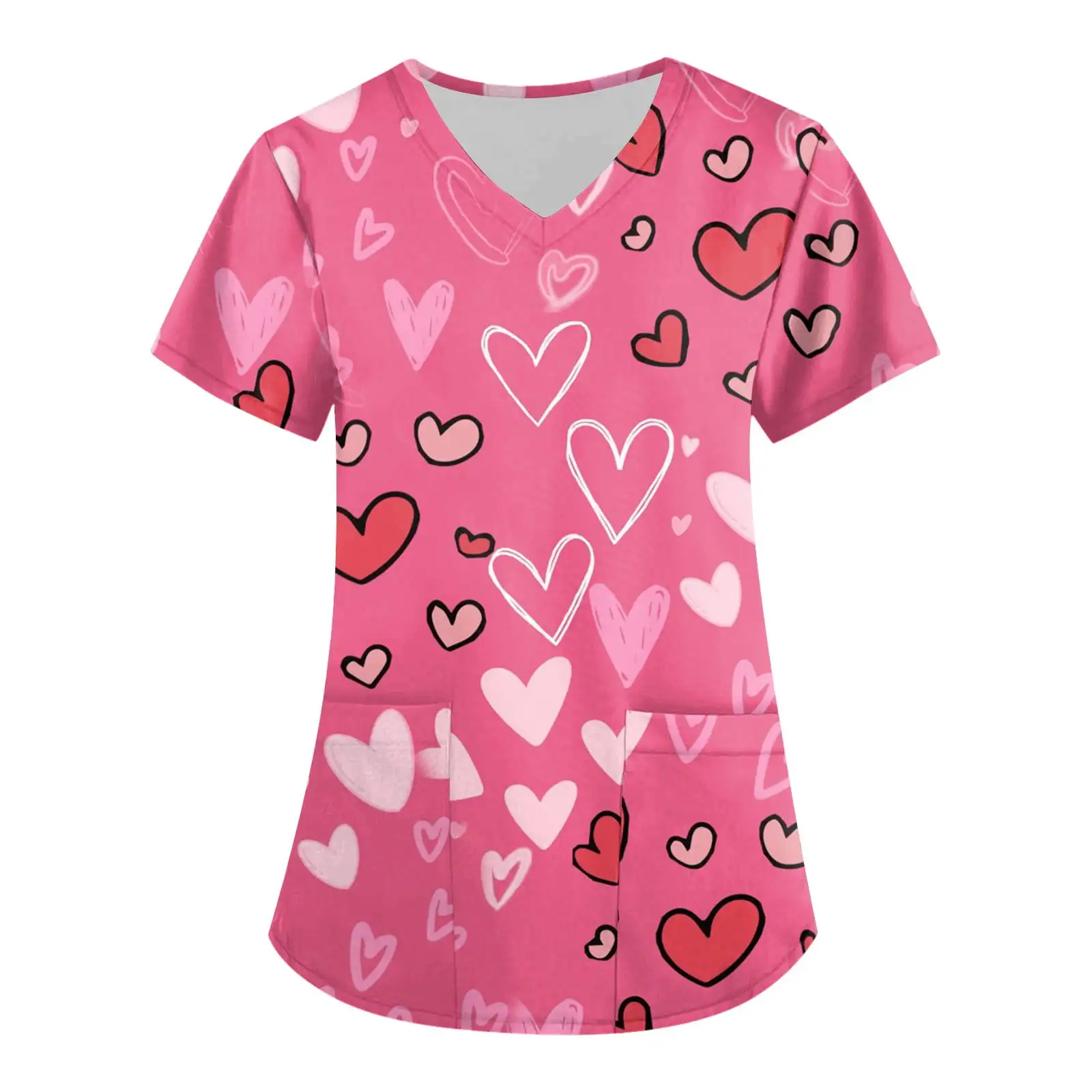 Surgical Uniforms Woman Fashion Heart Print Dental Medico V-Neck Short Sleeve Double Pocket Top Medical Pet Uniform for Women