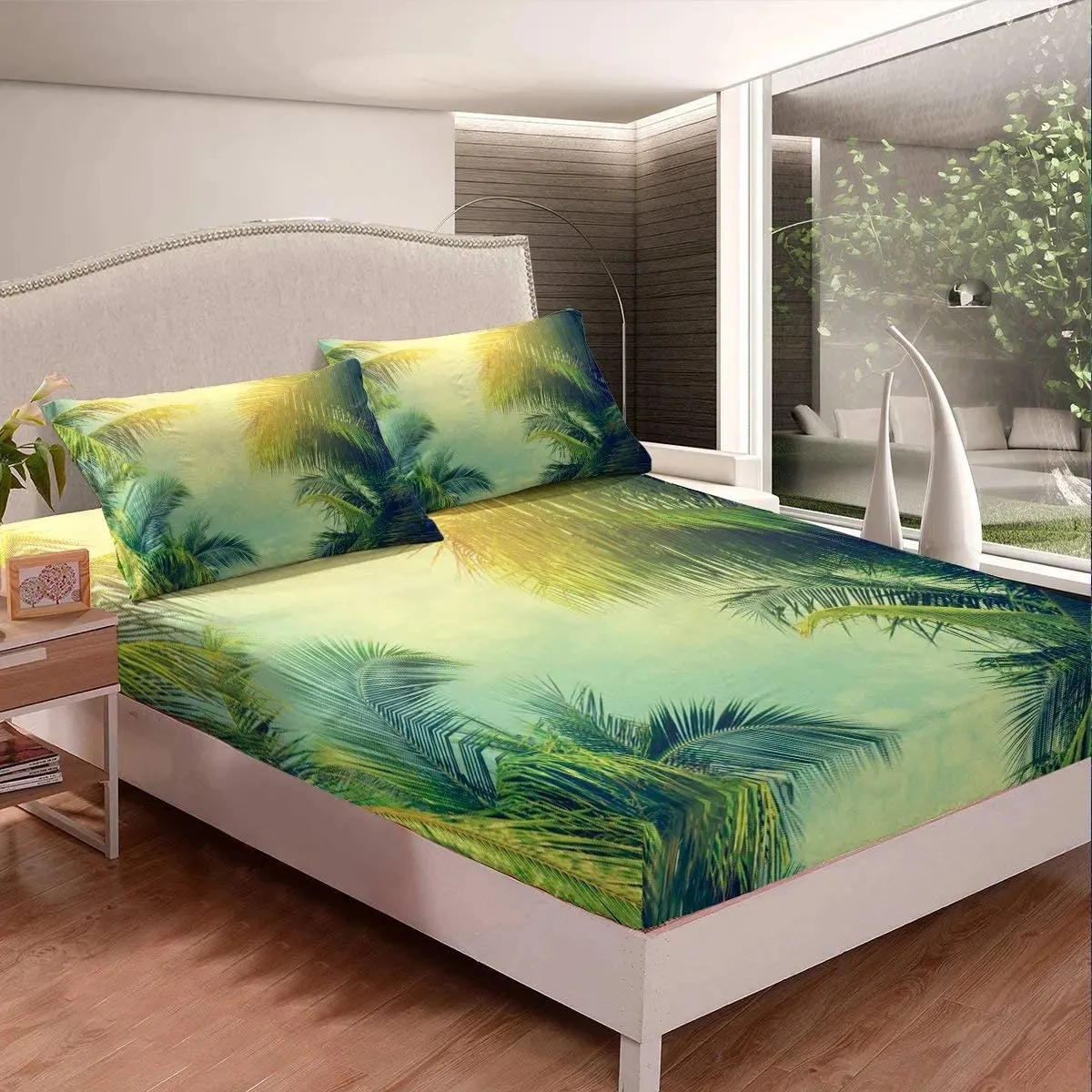 Palm Leaf Fitted Sheet Green Leaves Bed Sheet Set Nature Botanical Bed Cover Summer Plants Deep Pocket Sheet Twin Full King Size