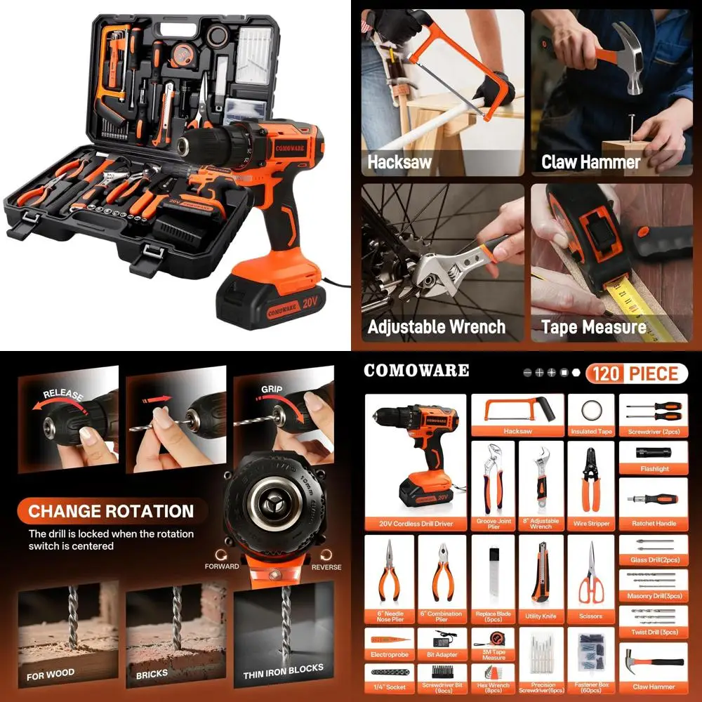 

20V Cordless Drill Set, 120-Piece Hand Tool Kit for Men, Plastic Toolbox, Perfect for Home, Garden, and DIY Projects