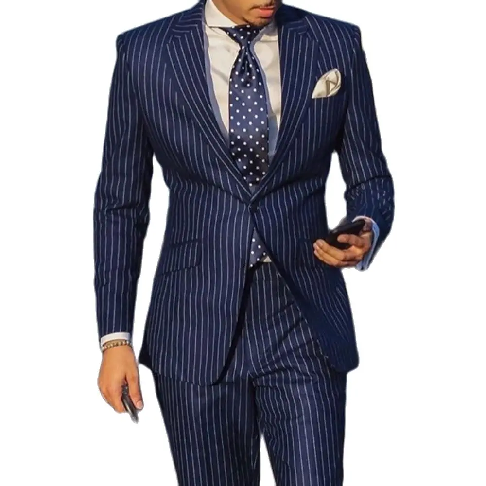 

Navy Blue 2 Piece Slim Fit Business Men Suit Stripe Groom Wedding Tuxedo Custom Skinny Prom Wedding Business Suit