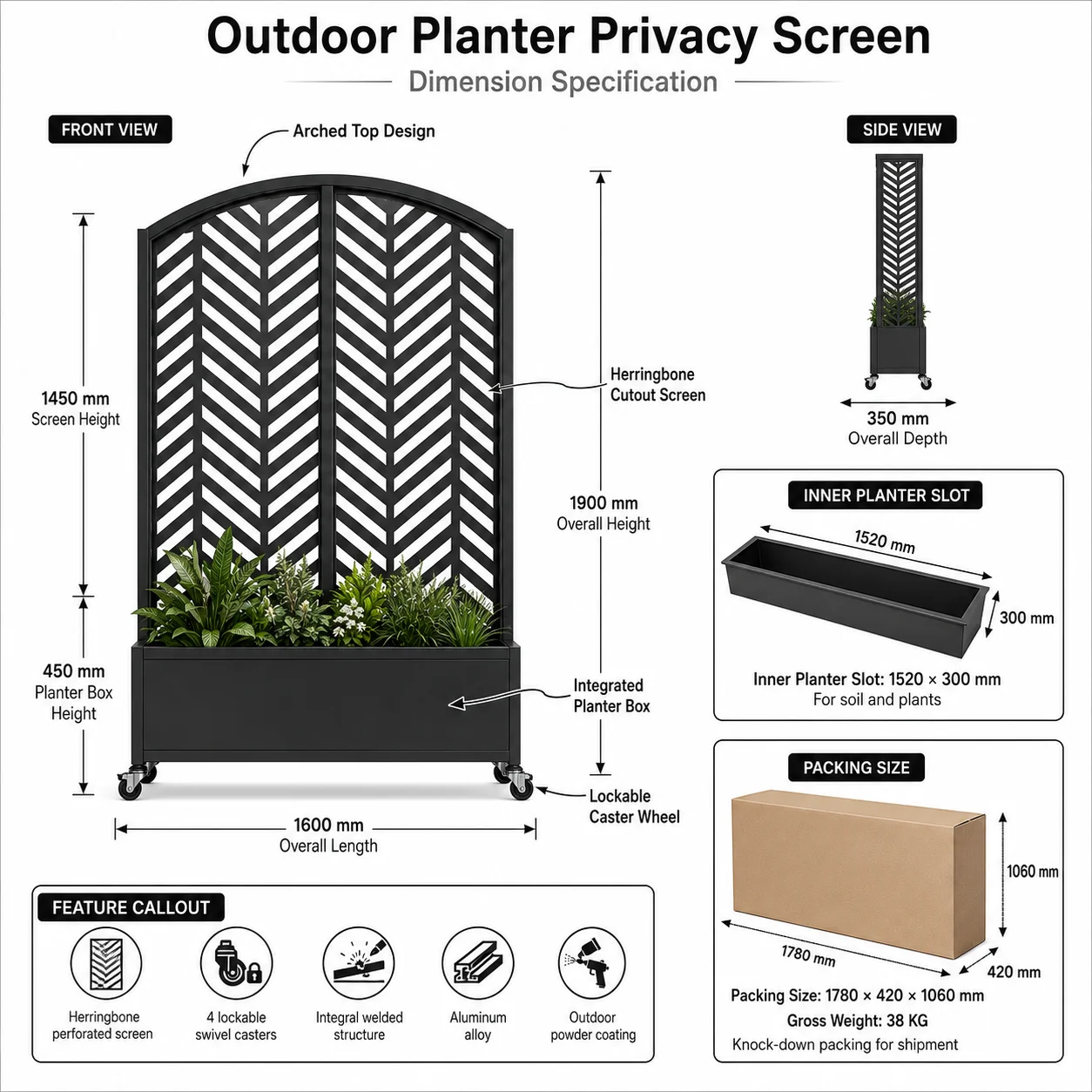 Outdoor Galvanized Steel Privacy Screen Planter with Lockable Casters Removable Arched Garden Baffle Flower Pot Case