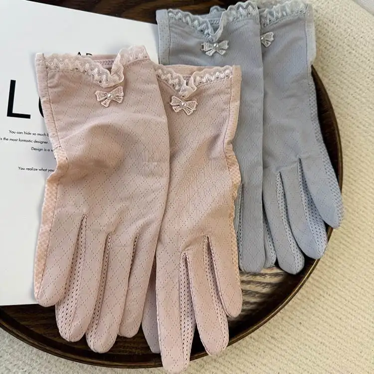 女性用レース日焼け止め手袋-夏用-薄くて通気性のあるエレガントなタッチスクリーン対応-アウトドアライディングや運転用