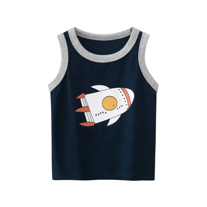 Cartoon Rocket Boys Vest 2025 Summer New Bus Tops Tees Children's Sleeveless O-Neck Cotton T-Shirts Kids Clothes 2-10Years