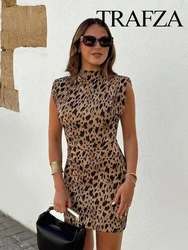 TRAFZA Female Chic 2024 Summer Leopard Print Sexy Sleeveless Dress Women Fashion Zipper Vintage Slim  Holiday Party Mini Dresses