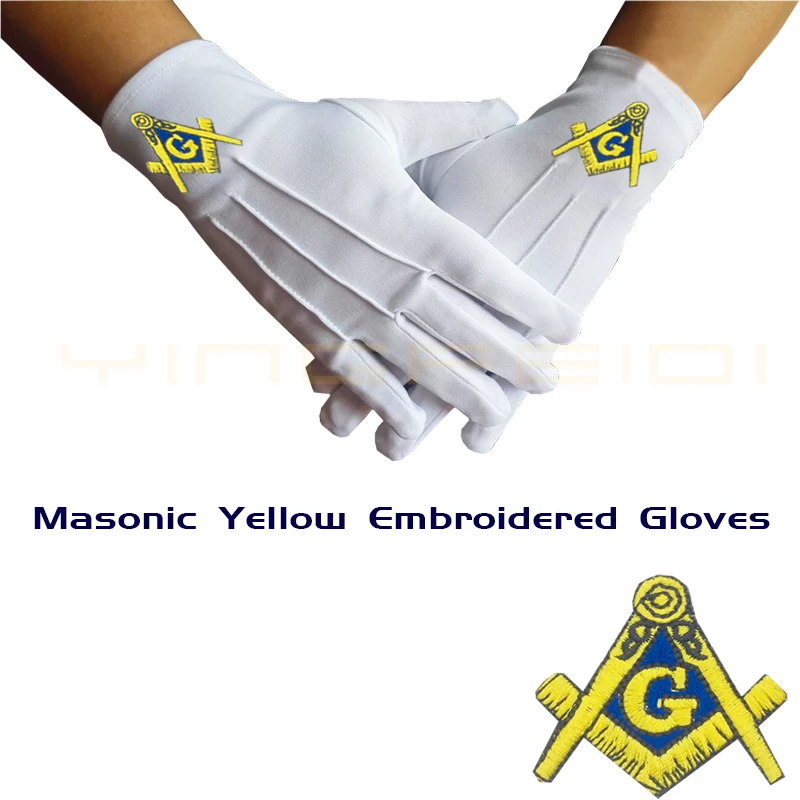 

Золотой вышитый значок Freemason с белыми перчатками из полиэстера