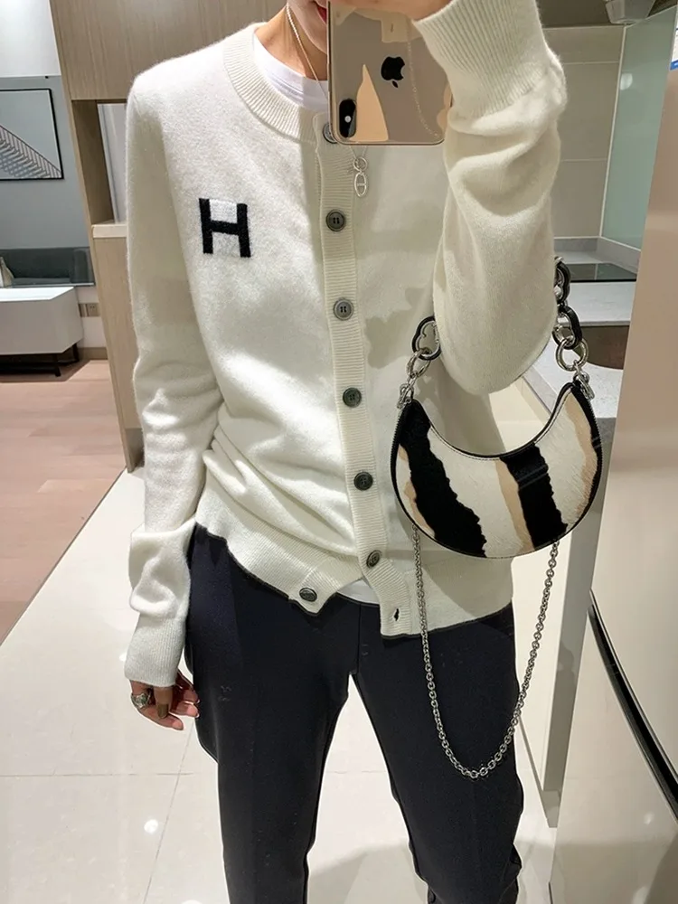 Europe station cashmere cardigan women\'s loose H-letter thin knitted jacket sweater slim round neck sweater