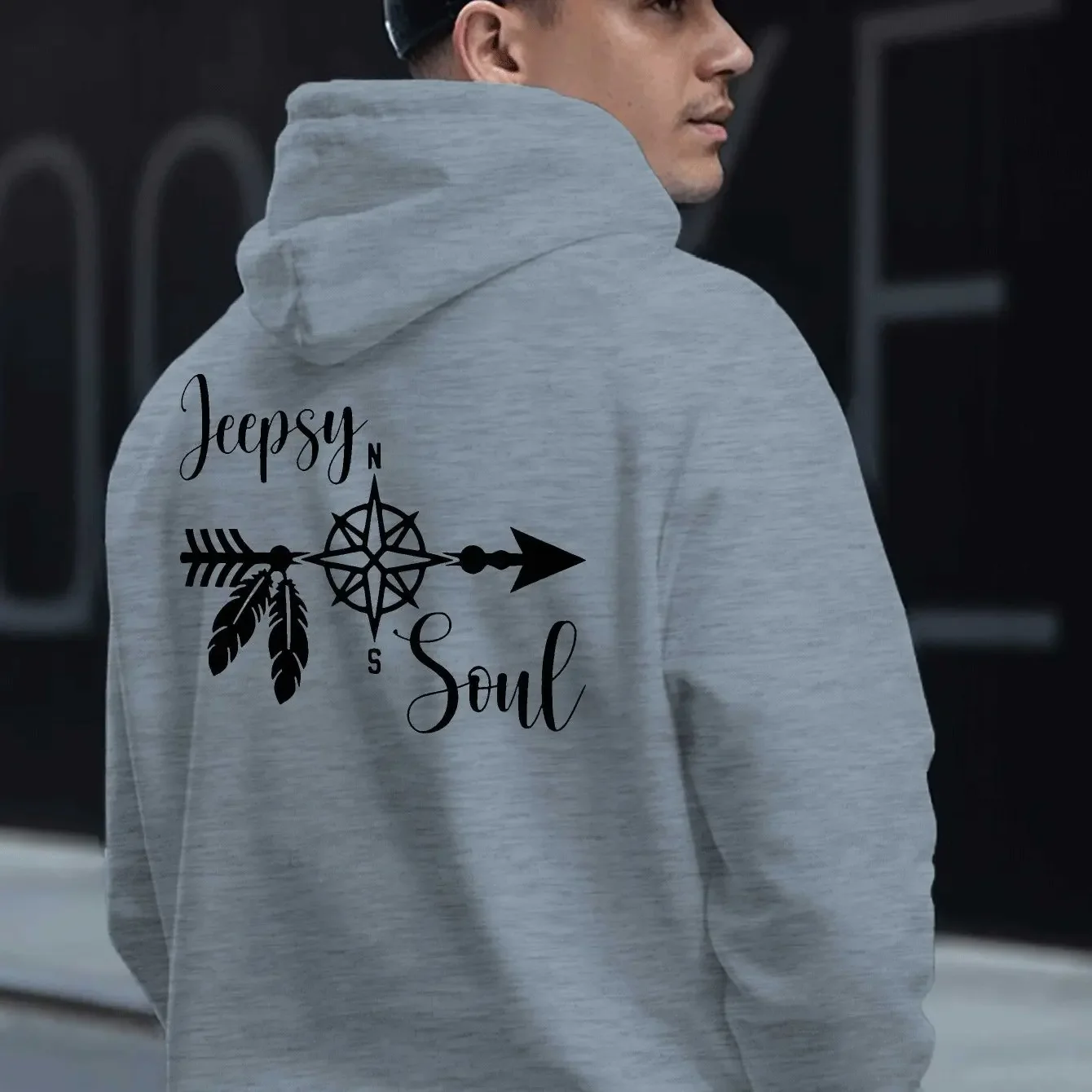 Adventure‑Theme Hooded Sweatshirt Jeepsy Soul Compass Arrow Feather Vintage Element Back Print Casual Loose Fit Unisex Pullover