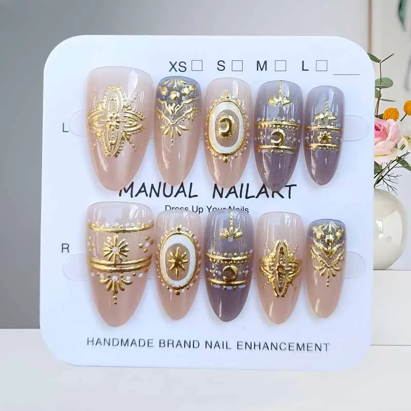 10Pcs French Style Almond Shape Blue Denim Gilded Baroque Press on Nails Manicure Starry Moon Gilding With Cat Eye Fake Nails