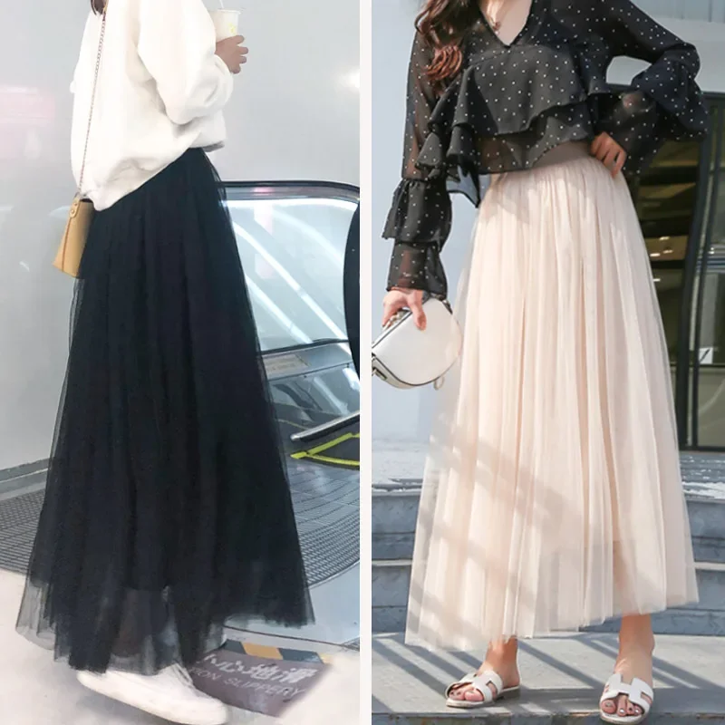

Spring and Summer Mesh Skirt Mid-length Skirt Korean Version High-waisted Slimming Versatile A-line Pleated Tutu Skirt