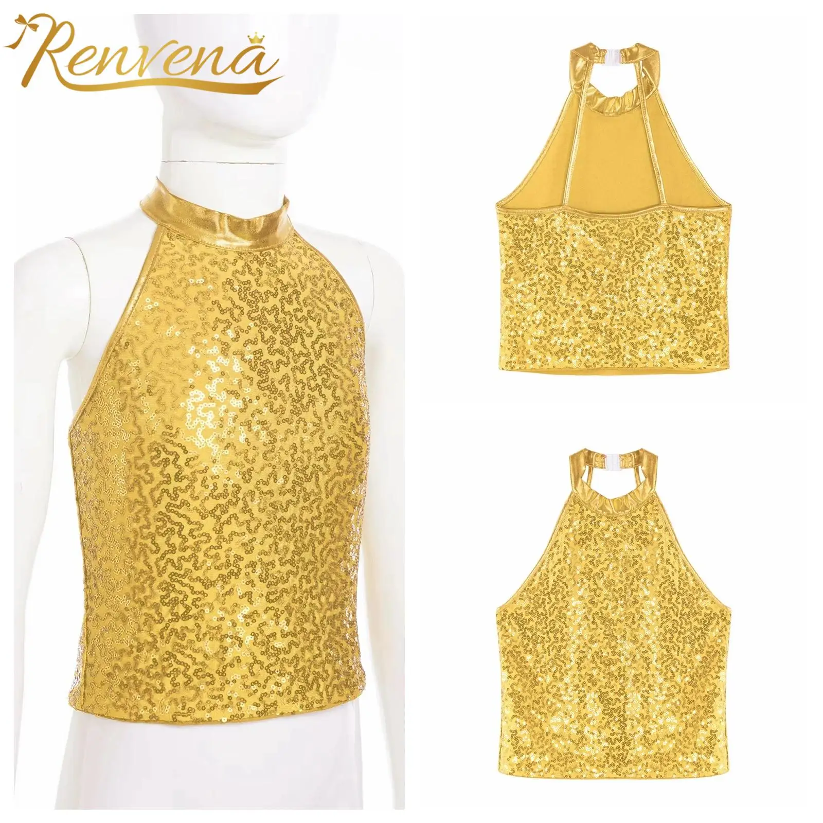 Fashion Children's Tank Tops Kids Girls Sequins Halter Crop Top Backless Sleeveless Vest Jazz Dance Costume Summer Clothes