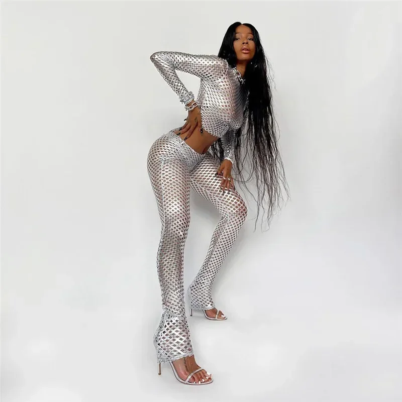 

Women Suit Silver Shiny Hollow Out Tights Suit Long Sleeve Short T-shirt Bodycorn Trousers Set Sexy Partywear Mesh Skinny Pants