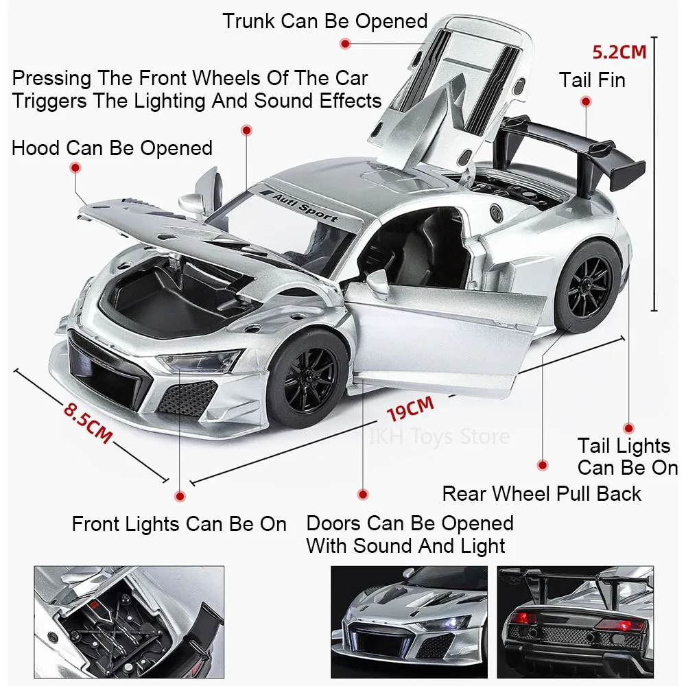 1:24 R8 LMS GT2 SLS coche deportivo modelos de juguete aleación Diecast sonido luz puertas abiertas tirar hacia atrás vehículos en miniatura para niños regalos
