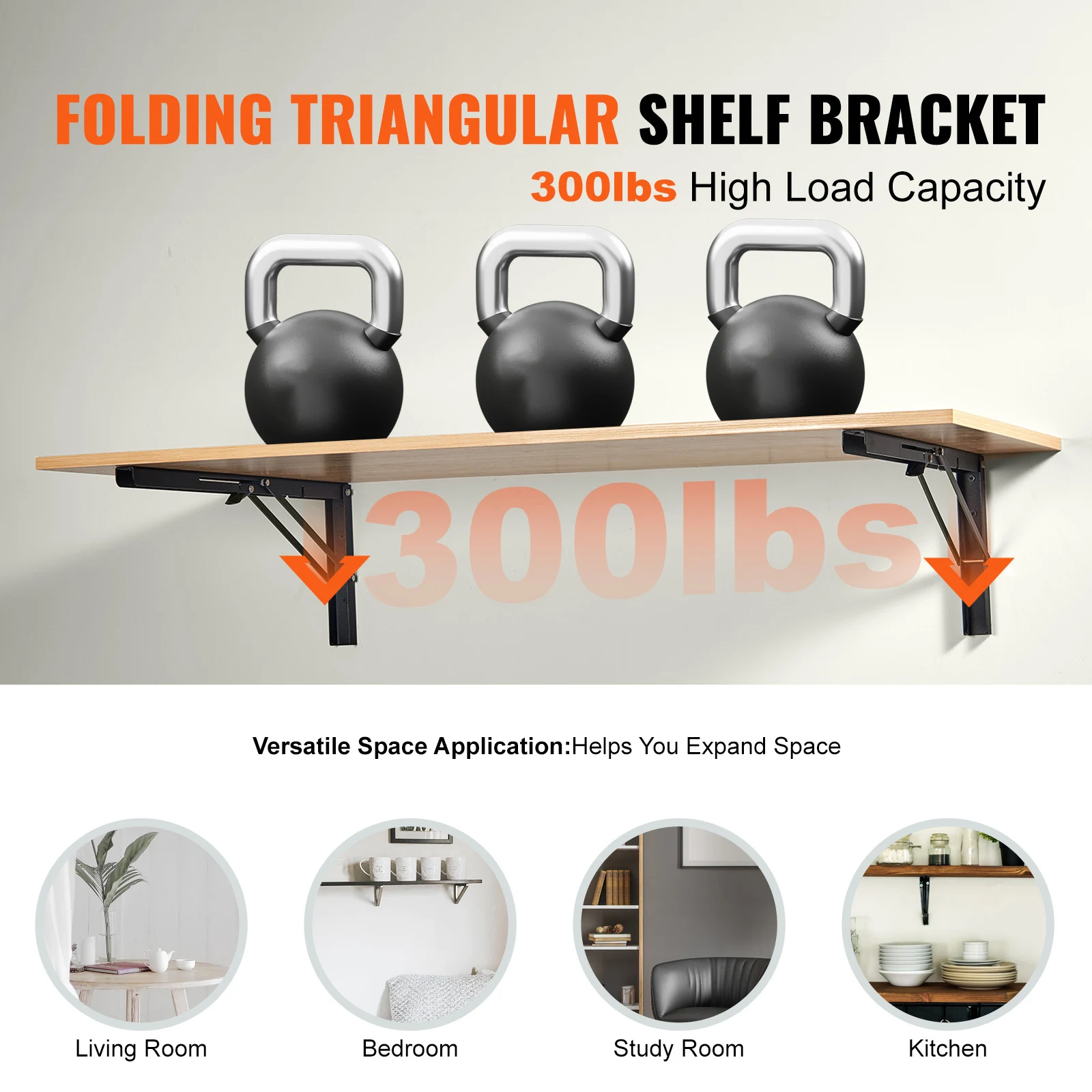 Shelf Bracket Foldable, 24” L 2 Pcs, 5mm Thick Matte Black L Shelf Bracket, Steel Shelving Brackets with 300 lbs Load Capacity, Heavy-Duty Floating Shelf Brackets, Brackets for Shelves