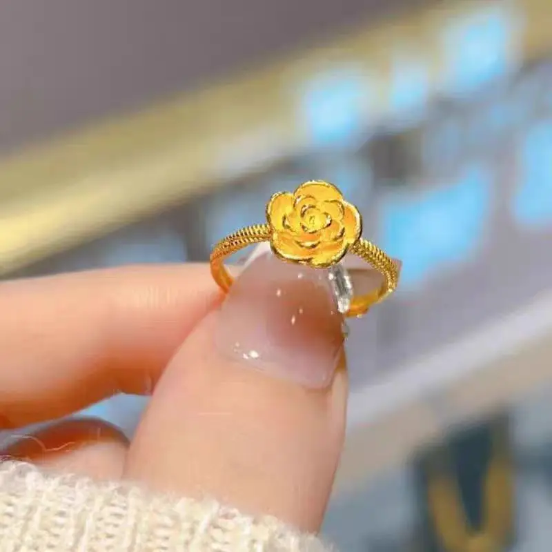 Original Pure 14K Gold Antique Flower Thick Ring for Women New Fine Wedding Engagement Open Adjustable Women's Ring Not Fade