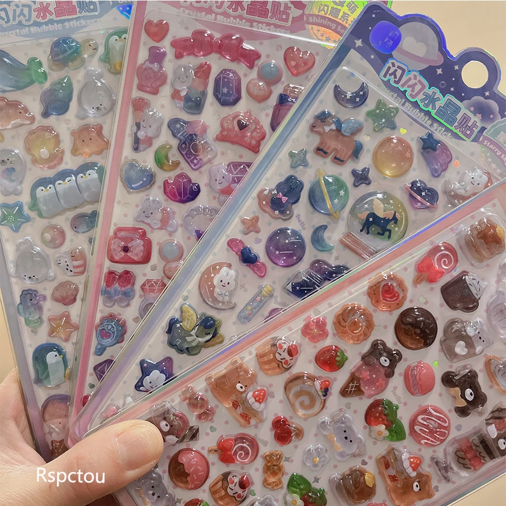 

4pcs Cute Funny Cartoon Animal 3D Crystal Relief Stickers DIY Stationery Suitcase Laptop Helmet Kawaii Decoration Sticker Decals
