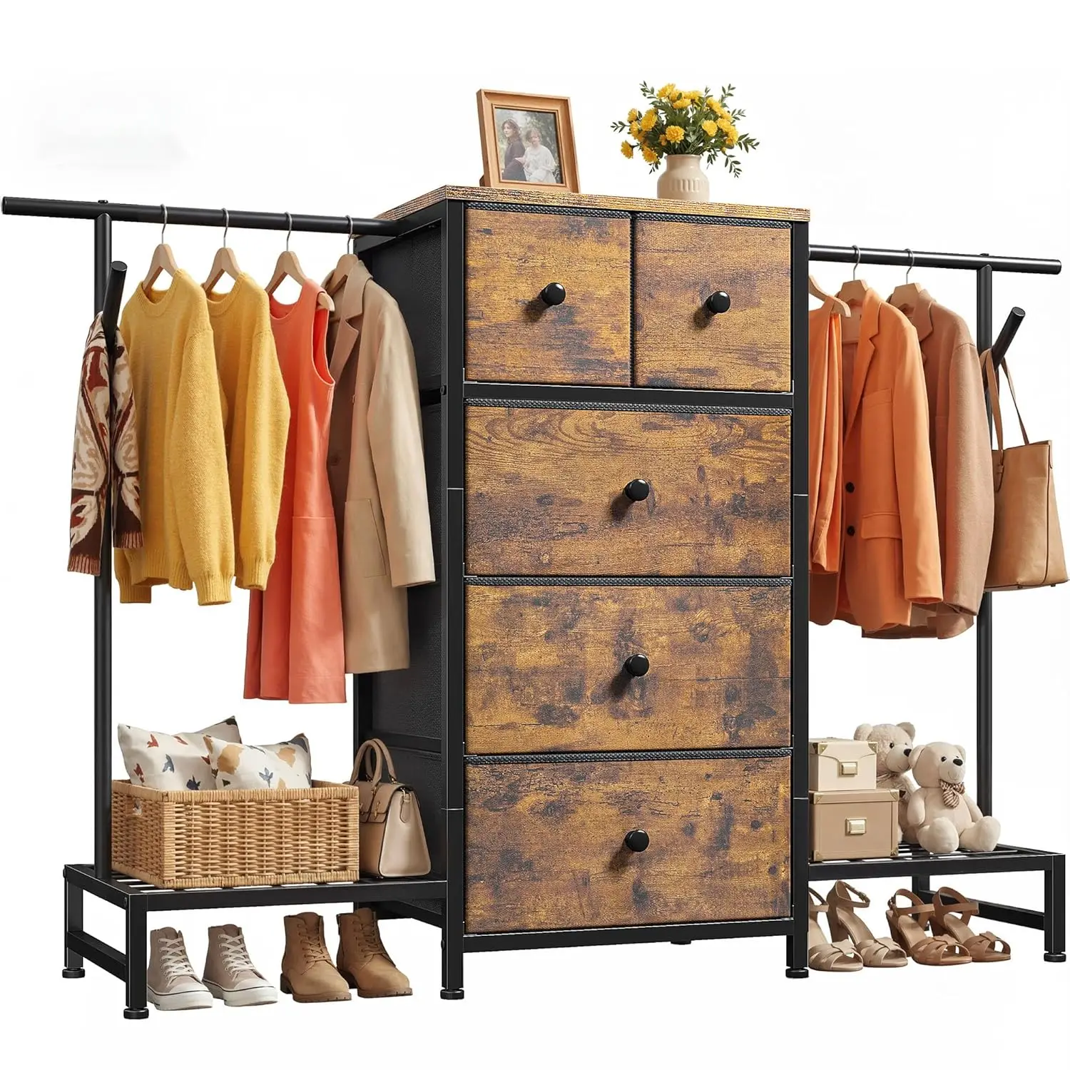 

57.8" Wide Dresser with Hanging Rack & 5 Fabric Drawers Wooden Top Shoe Storage Organizer Unit for Bedroom, Customized